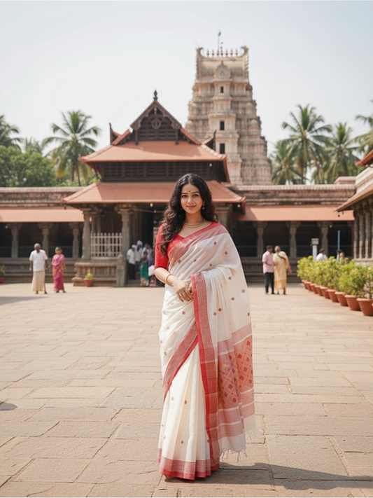Red & White Pure Cotton Saree
