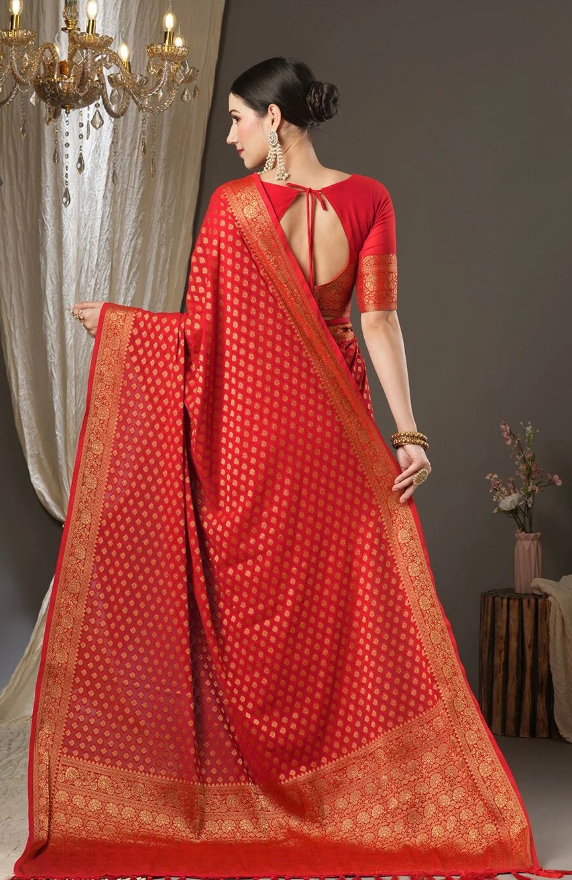 Red Banarasi Silk Saree with Golden Zari Work