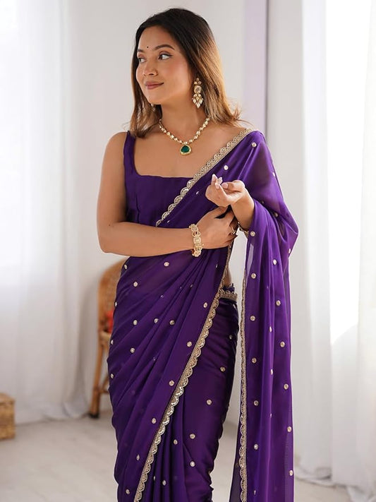 Deep Royal purple Embroidery Saree