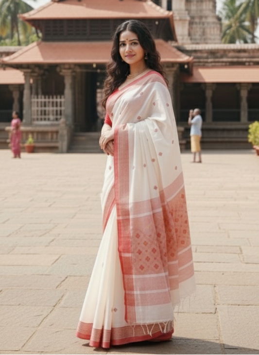 Red & White Pure Cotton Saree
