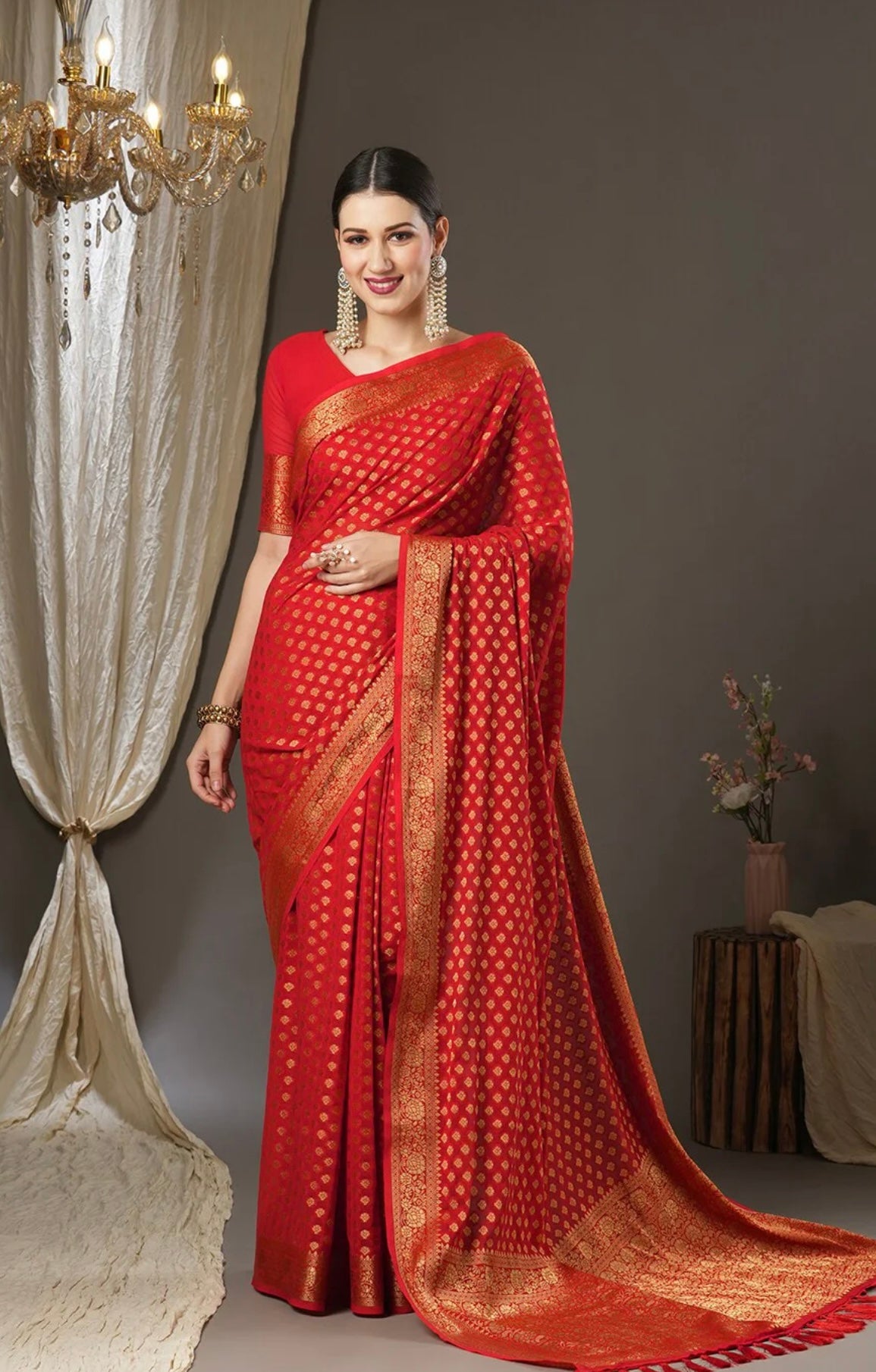 Red Banarasi Silk Saree with Golden Zari Work