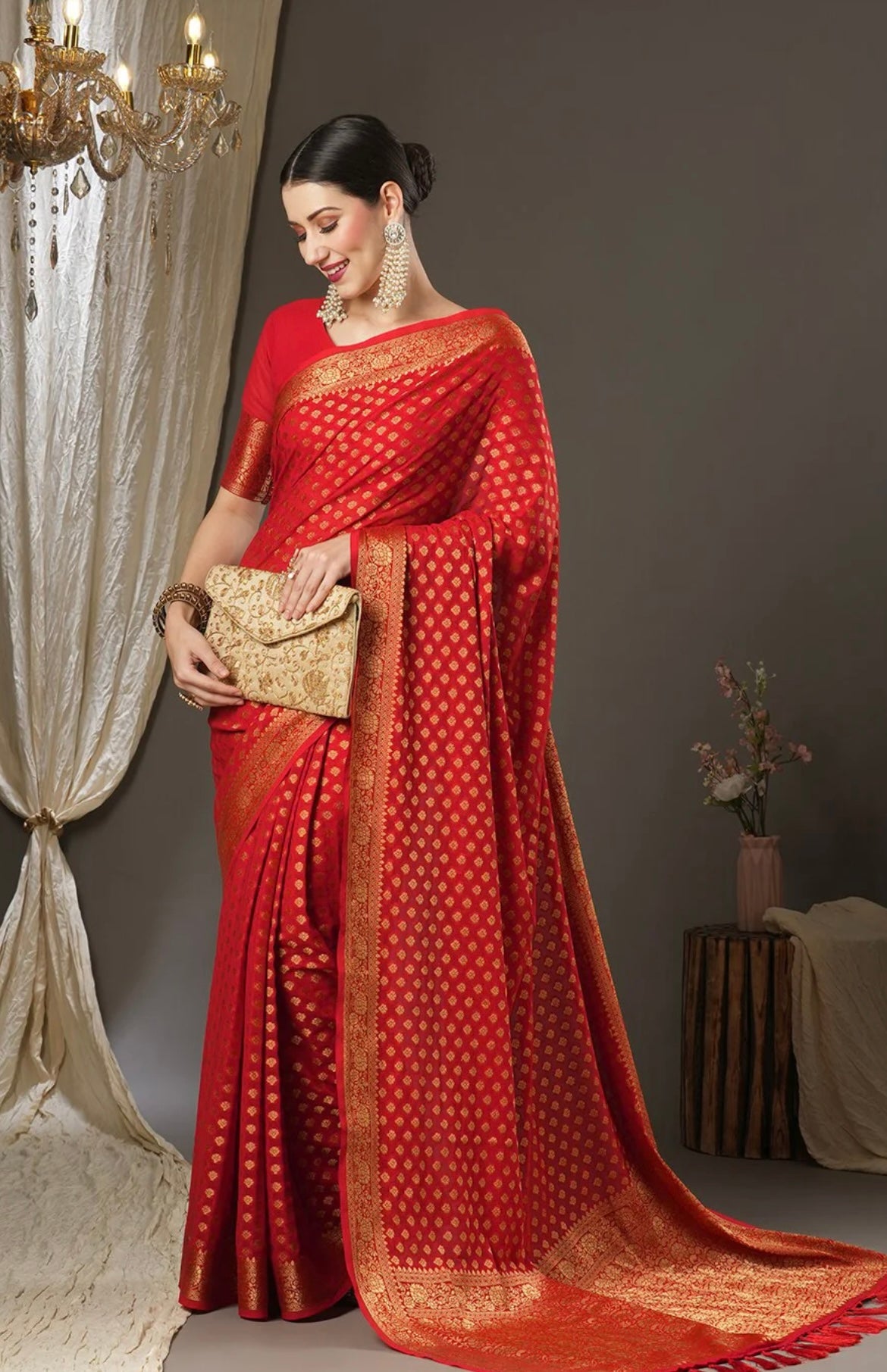 Red Banarasi Silk Saree with Golden Zari Work