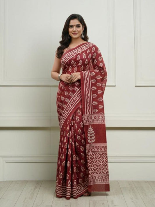 Maroon Handblock Print Mul Cotton Saree | Soft & Lightweight Daily Wear