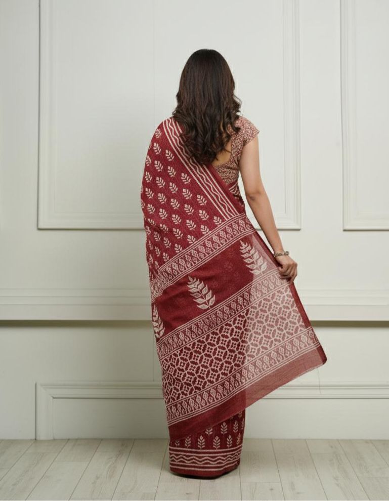 Maroon Handblock Print Mul Cotton Saree | Soft & Lightweight Daily Wear