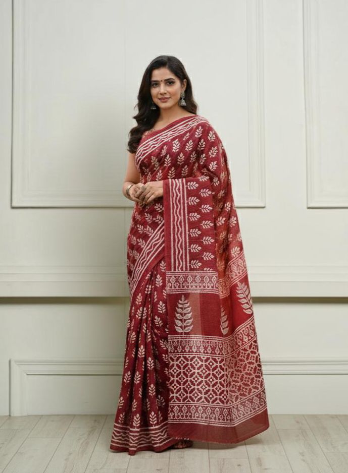 Maroon Handblock Print Mul Cotton Saree | Soft & Lightweight Daily Wear